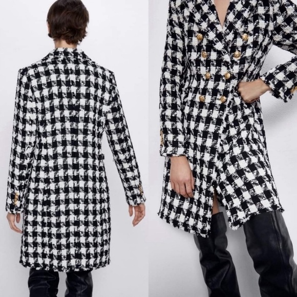NWT Luxury Minimalist Zara Houndstooth Tweed Fringe Double Breasted Coat - Picture 8 of 17